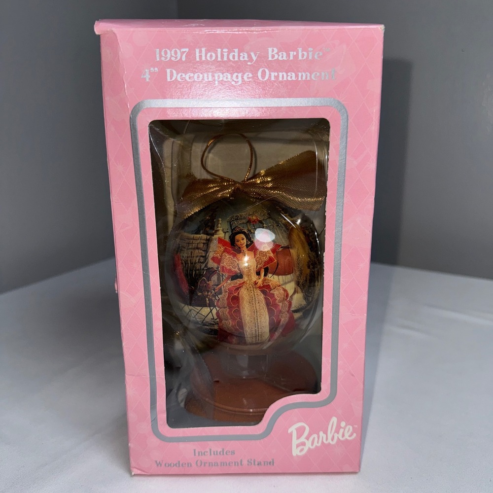 1997 Holiday Barbie 4 Inch Decoupage Ornament Wooden Stand Matrix New in Box